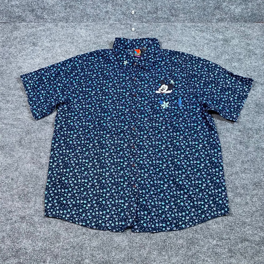 Mickey Unlimited Womens Plus 18W/20W Navy Floral Mickey Mouse Button Up Shirt